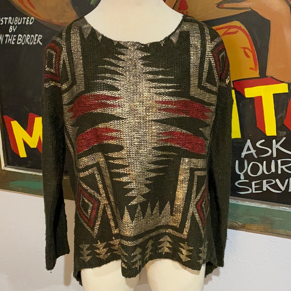 Casting LA Gold Green Red Geometric Knit Lightweight Sweater